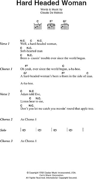 Hard Headed Woman - Guitar Chords/Lyrics, New, Main