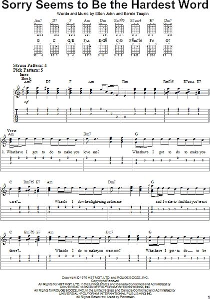 Sorry Seems To Be The Hardest Word - Easy Guitar with TAB, New, Main