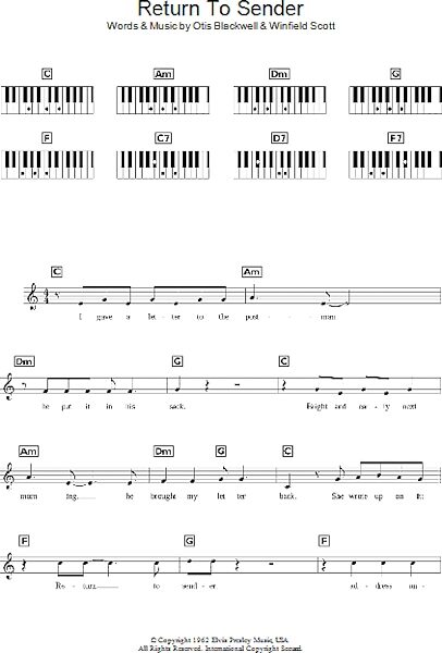 Return To Sender - Piano Chords/Lyrics, New, Main