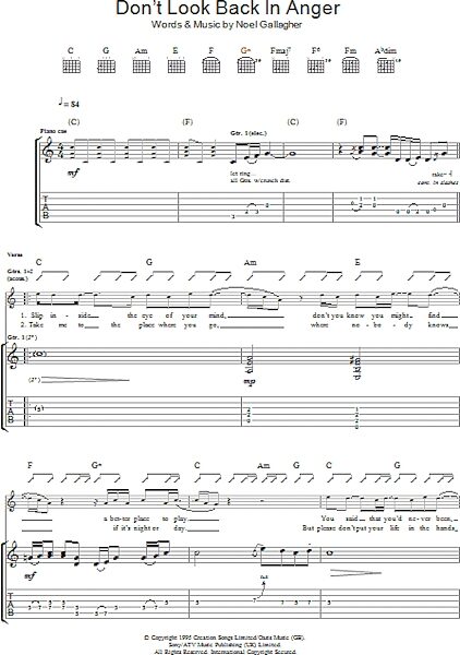 Don't Look Back In Anger - Guitar TAB, New, Main