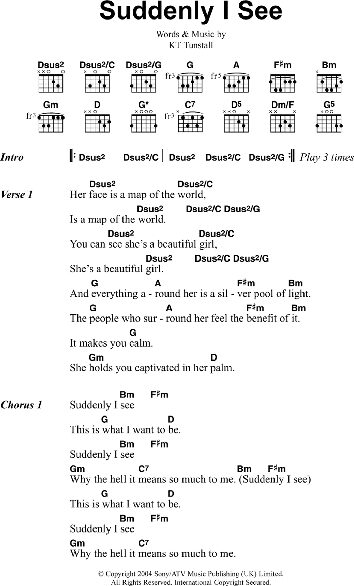 Suddenly I See - Guitar Chords/Lyrics, New, Main