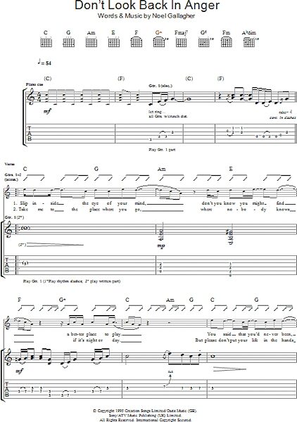 Don't Look Back In Anger - Guitar TAB, New, Main