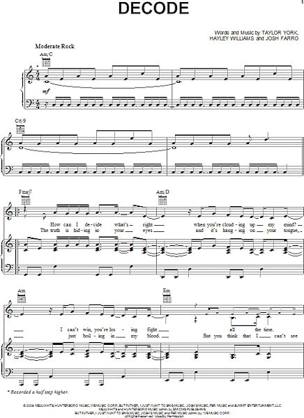 Decode - Piano/Vocal/Guitar, New, Main