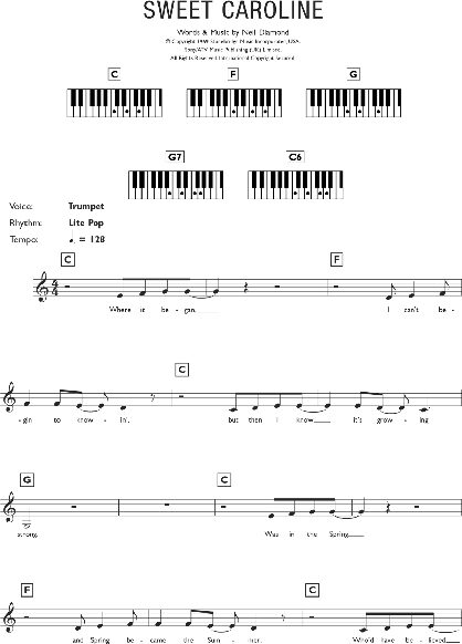 Sweet Caroline - Piano Chords/Lyrics, New, Main
