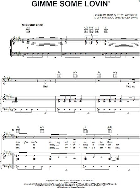Gimme Some Lovin' - Piano/Vocal/Guitar, New, Main
