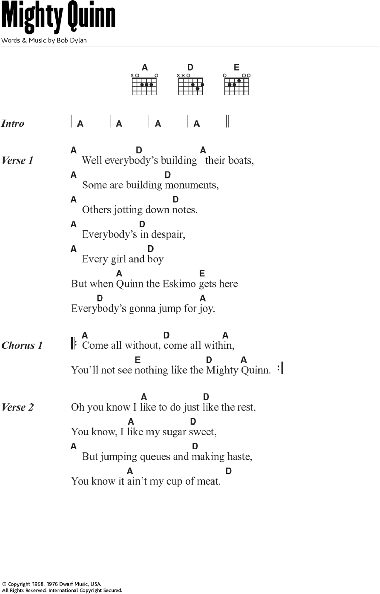 Quinn The Eskimo (The Mighty Quinn) - Guitar Chords/Lyrics, New, Main