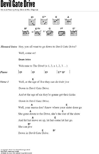 Devil Gate Drive - Guitar Chords/Lyrics, New, Main