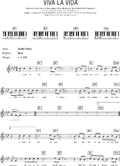 Viva La Vida - Piano Chords/Lyrics, New, Main