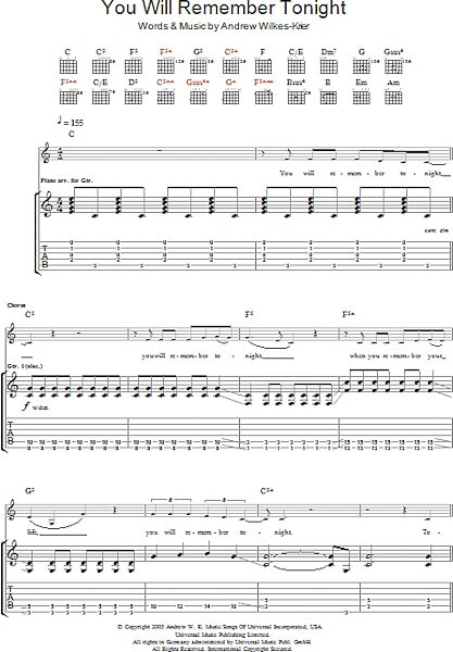 You Will Remember Tonight - Guitar TAB, New, Main