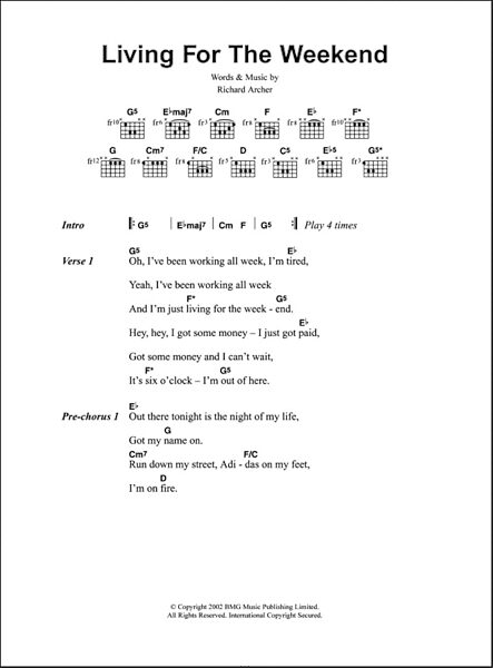 Living For The Weekend - Guitar Chords/Lyrics, New, Main