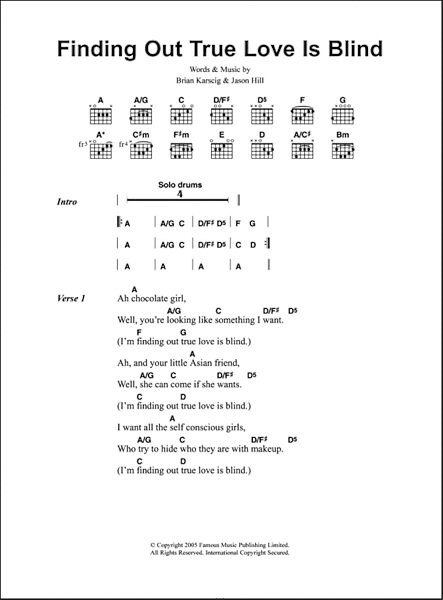 Finding Out True Love Is Blind - Guitar Chords/Lyrics, New, Main