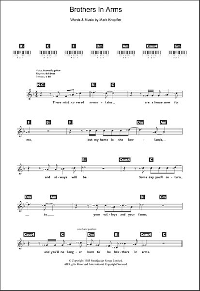 Brothers In Arms - Piano Chords/Lyrics, New, Main