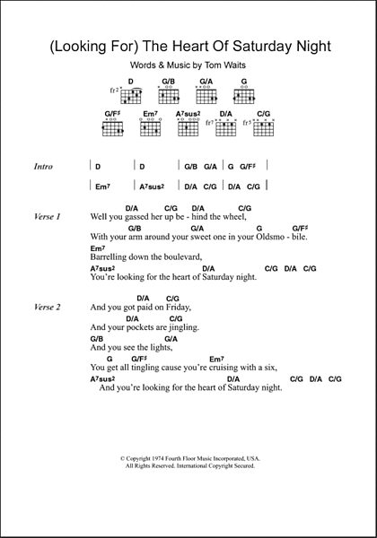 (Looking For) The Heart Of Saturday Night - Guitar Chords/Lyrics, New, Main