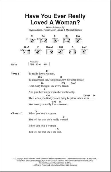 Have You Ever Really Loved A Woman? - Guitar Chords/Lyrics, New, Main