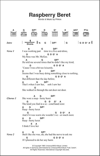 Raspberry Beret - Guitar Chords/Lyrics, New, Main