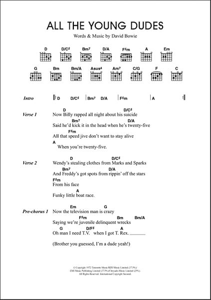 All The Young Dudes - Guitar Chords/Lyrics, New, Main