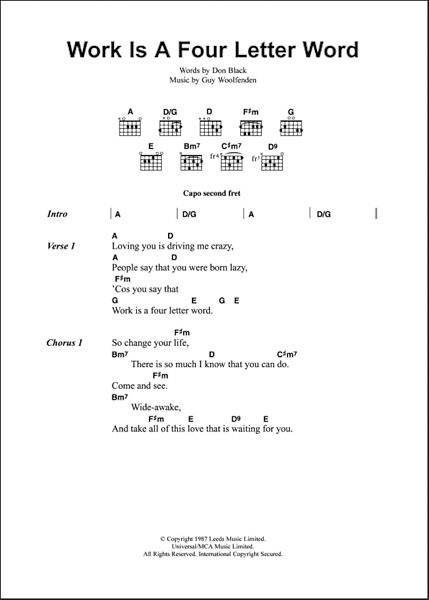 Work Is A Four Letter Word - Guitar Chords/Lyrics, New, Main