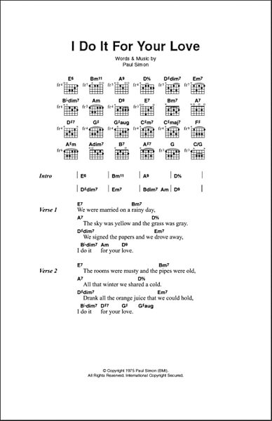 I Do It For Your Love - Guitar Chords/Lyrics, New, Main