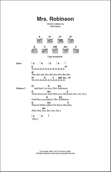 Mrs. Robinson - Guitar Chords/Lyrics, New, Main