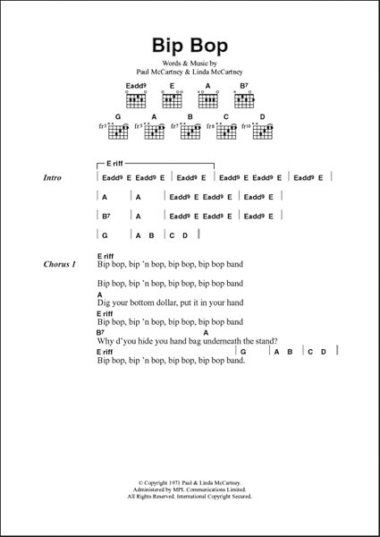 Bip Bop / Hey Diddle - Guitar Chords/Lyrics, Main