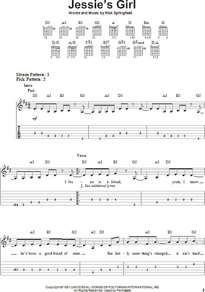 Jessie's Girl - Easy Guitar with TAB, New, Main