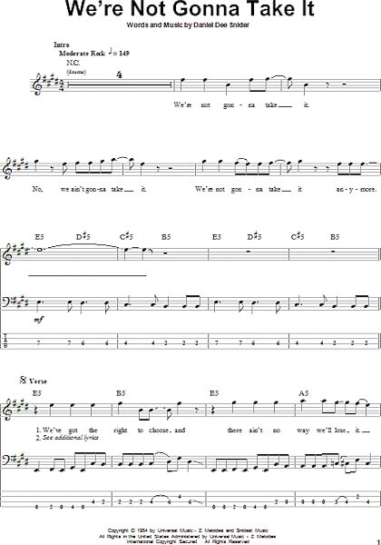 We're Not Gonna Take It - Bass Tab, New, Main