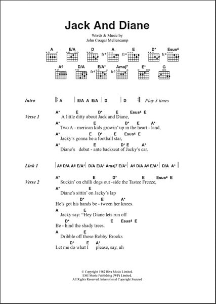 Jack And Diane - Guitar Chords/Lyrics, New, Main