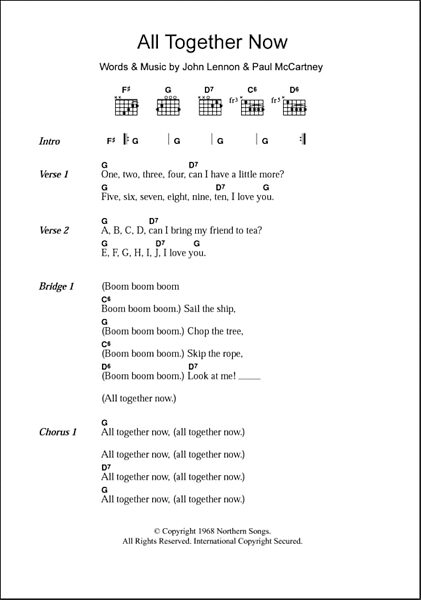 All Together Now - Guitar Chords/Lyrics, New, Main