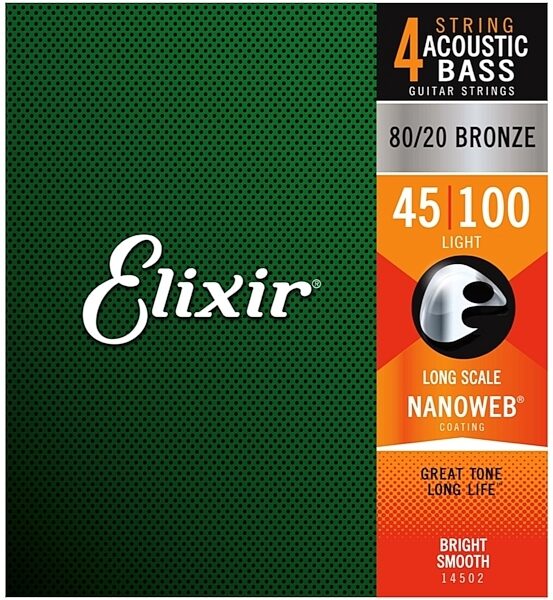Elixir Nanoweb 80/20 Acoustic Bass Guitar Strings, 45-100, Light, Main