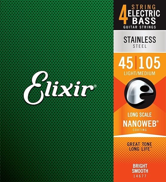Elixir Nanoweb Stainless Steel Electric Bass Strings, 45-105, 14677, Medium, main