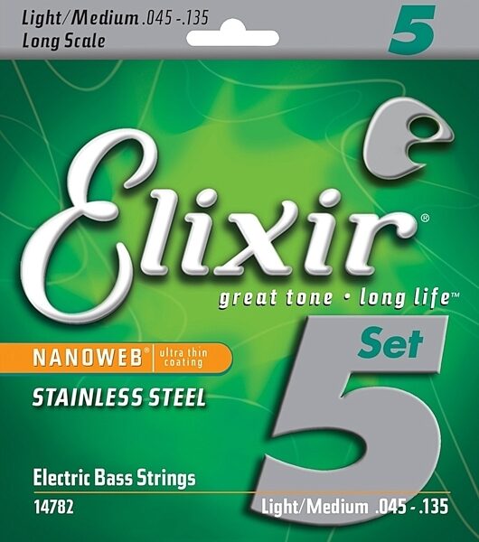 Elixir Nanoweb Stainless Steel 5-String Electric Bass Strings, 14782, Light/Medium, Long Scale, Main