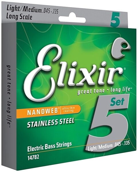 Elixir Nanoweb Stainless Steel 5-String Electric Bass Strings, 14782, Light/Medium, Long Scale, Side