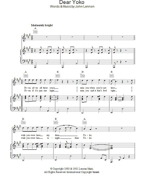 Dear Yoko - Piano/Vocal/Guitar, New, Main