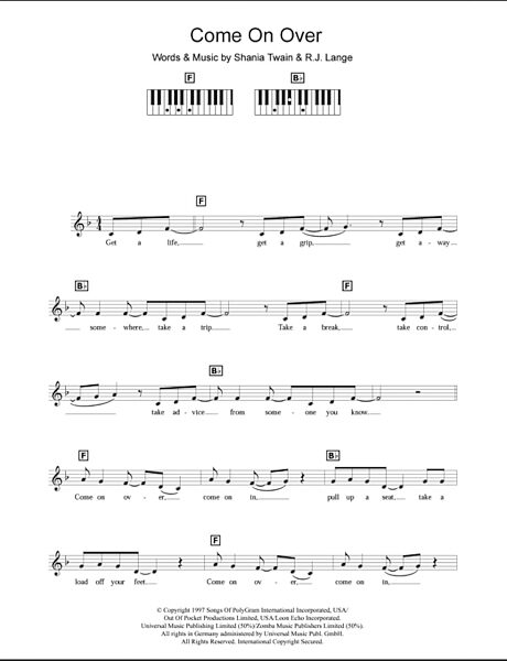 Come On Over - Piano Chords/Lyrics, New, Main