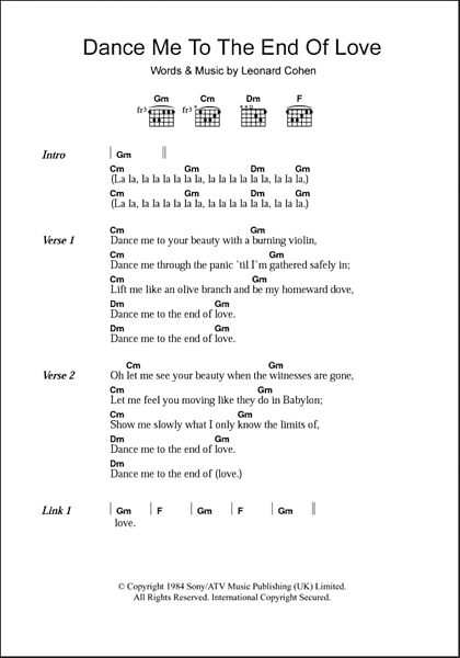 Dance Me To The End Of Love - Guitar Chords/Lyrics, New, Main