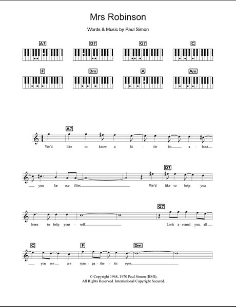 Mrs. Robinson - Piano Chords/Lyrics, New, Main
