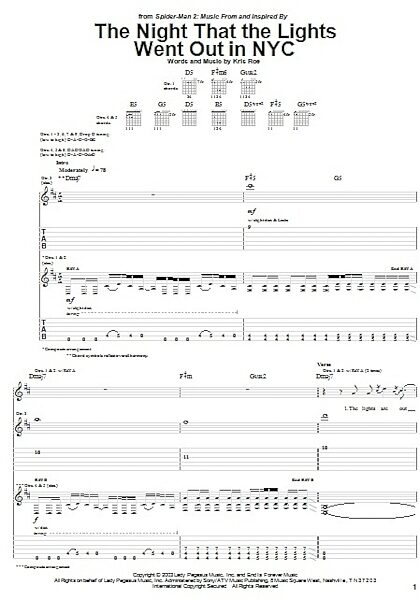 The Night That The Lights Went Out In NYC - Guitar TAB, New, Main