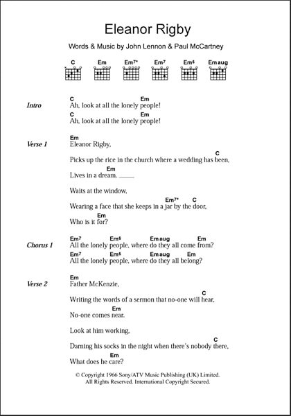 Eleanor Rigby - Guitar Chords/Lyrics, New, Main