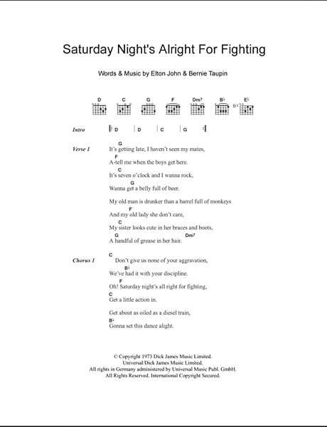 Saturday Night's Alright For Fighting - Guitar Chords/Lyrics, New, Main