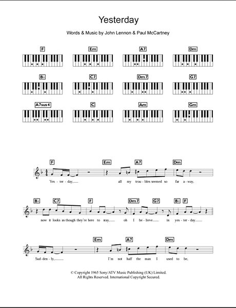 Yesterday - Piano Chords/Lyrics, New, Main