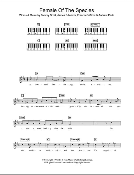 Female Of The Species - Piano Chords/Lyrics, New, Main