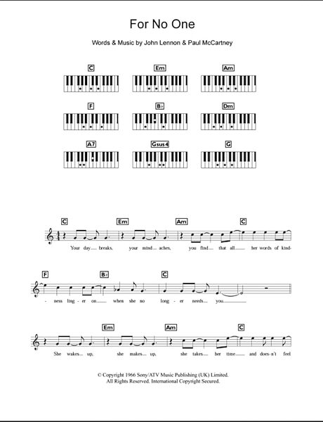 For No One - Piano Chords/Lyrics, New, Main