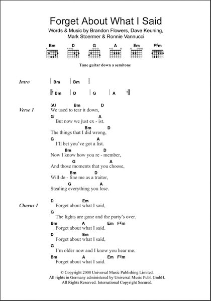 Forget About What I Said - Guitar Chords/Lyrics, New, Main