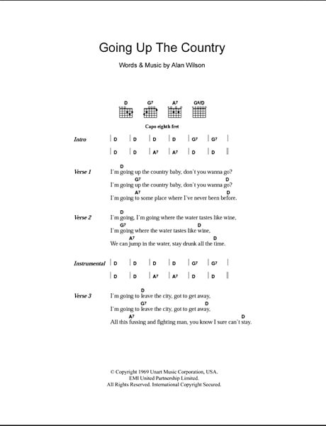 Going Up The Country - Guitar Chords/Lyrics, New, Main