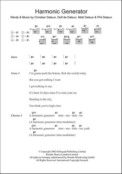 Harmonic Generator - Guitar Chords/Lyrics, New, Main