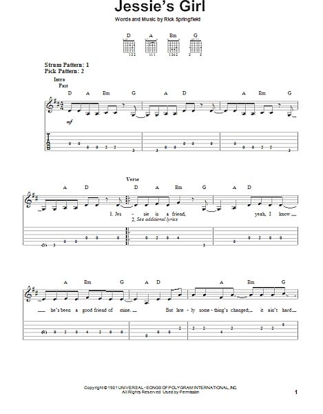 Jessie's Girl - Easy Guitar with TAB, New, Main