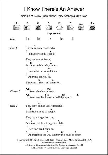 I Know There's An Answer - Guitar Chords/Lyrics, New, Main