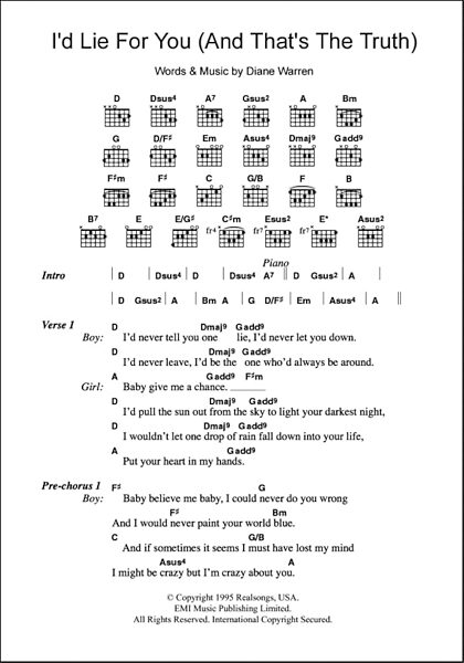 I'd Lie For You (And That's The Truth) - Guitar Chords/Lyrics, New, Main