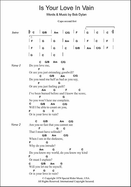 Is Your Love In Vain - Guitar Chords/Lyrics, New, Main