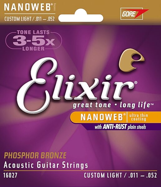 Elixir Phosphor Bronze Nanoweb Acoustic Guitar Strings, 16002, Extra Light, 16027